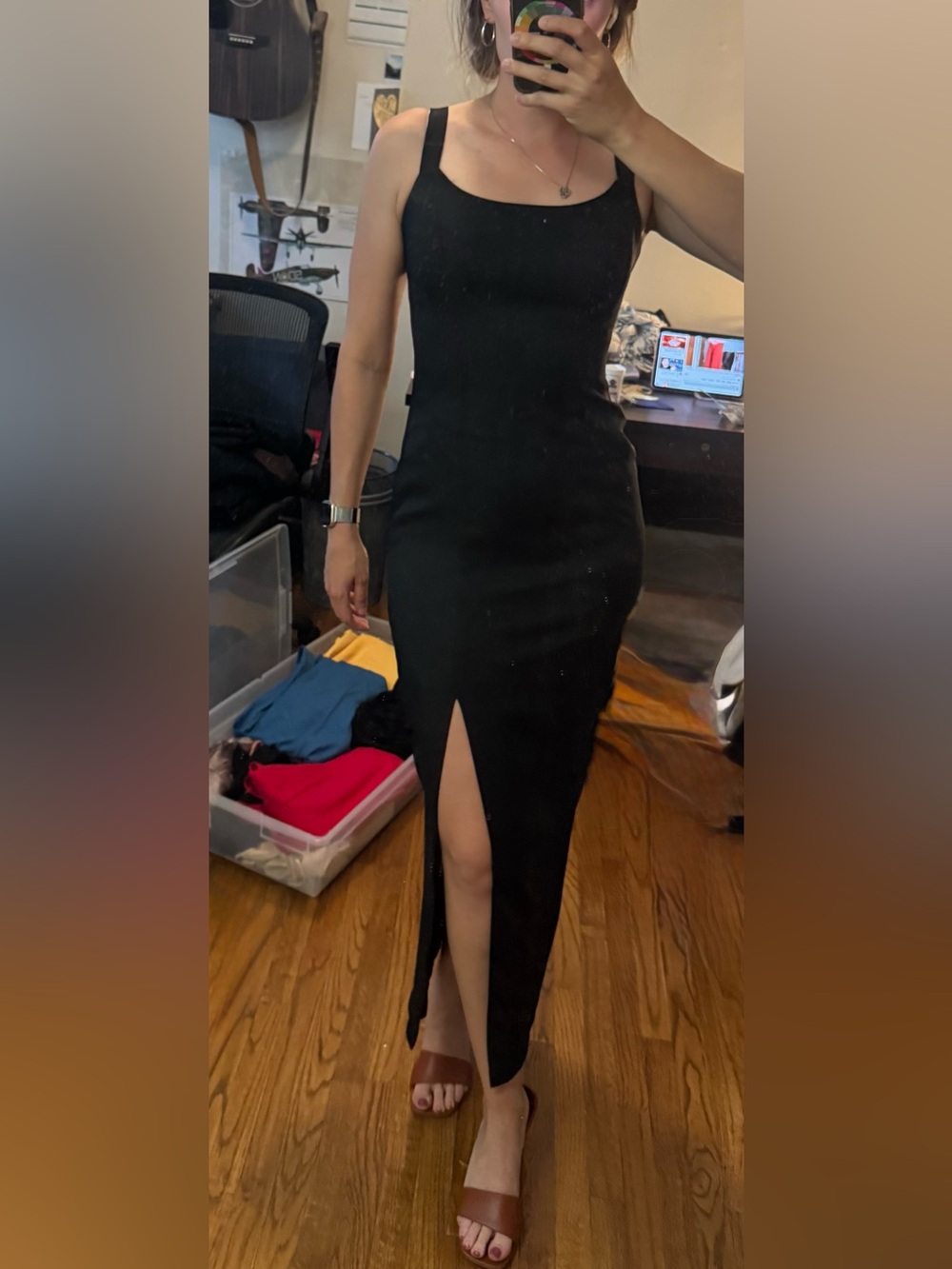 Made in USA Vintage Alex Evenings Black Maxi Slip Dress with Front Slit 4